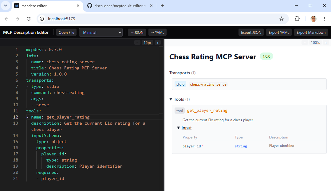 The MCP Toolkit Editor showing a YAML MCP Description on the left and an interactive cards preview on the right.